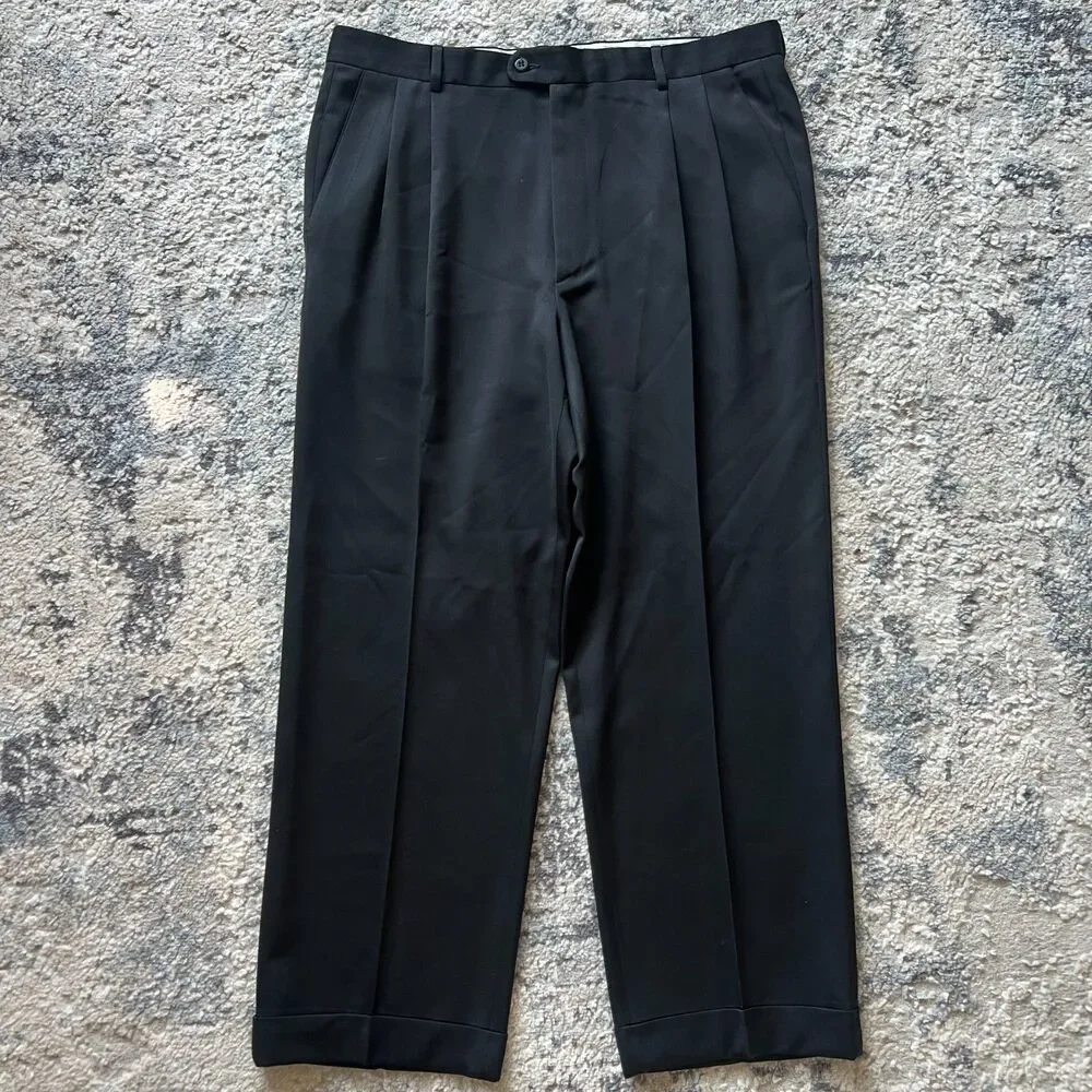 Zanella Bennett Mens 36x28 Black 100% Wool Pleated Cuffed Dress Pants Italy MINT